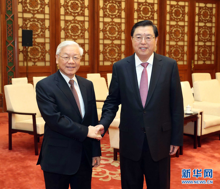 1月13日，中共中央政治局常委、全國人大常委會委員長張德江在北京人民大會堂會見越共中央總書記阮富仲。 新華社記者 劉衛(wèi)兵 攝