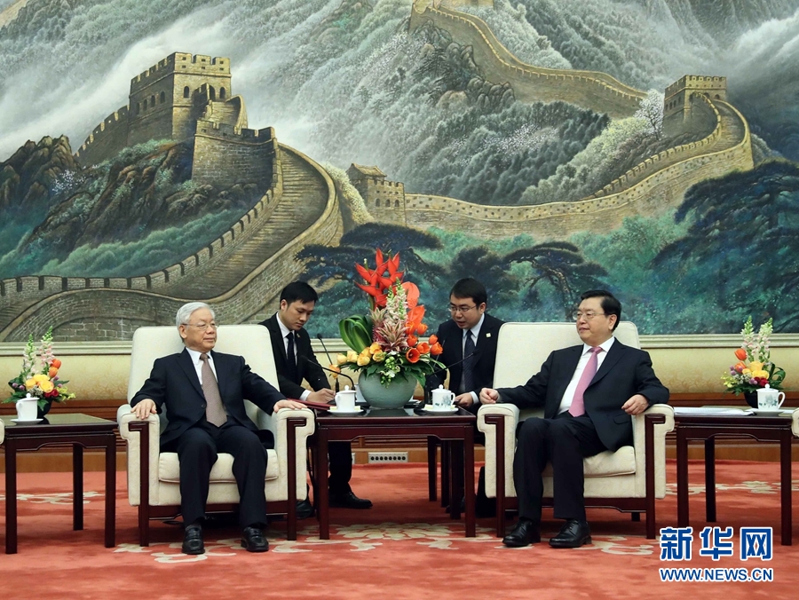 1月13日，中共中央政治局常委、全國人大常委會委員長張德江在北京人民大會堂會見越共中央總書記阮富仲。 新華社記者 劉衛(wèi)兵 攝