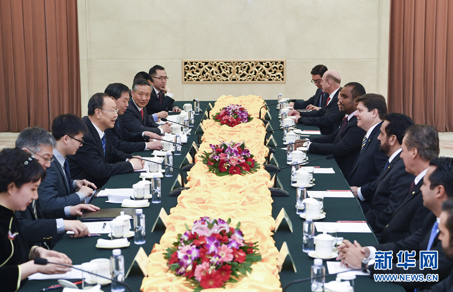 3月22日，中共中央書(shū)記處書(shū)記、全國(guó)政協(xié)副主席杜青林在北京會(huì)見(jiàn)巴西民主運(yùn)動(dòng)黨眾議院黨團(tuán)領(lǐng)袖羅西率領(lǐng)的該黨干部考察團(tuán)。 新華社記者張領(lǐng)攝