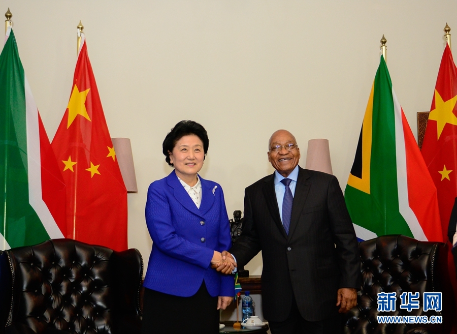 4月25日，南非總統(tǒng)祖馬（右）在比勒陀利亞總統(tǒng)官邸會(huì)見正在對(duì)南非進(jìn)行正式訪問并出席中南高級(jí)別人文交流機(jī)制首次會(huì)議的中國(guó)國(guó)務(wù)院副總理劉延?xùn)|。 新華社記者 翟健嵐 攝