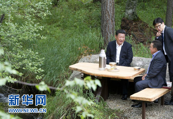 8月22日，國家主席習(xí)近平同蒙古國總統(tǒng)額勒貝格道爾吉在烏蘭巴托市郊的總統(tǒng)官邸再次會晤。這是習(xí)近平同額勒貝格道爾吉會晤后在溪畔飲茶。新華社記者 黃敬文 攝