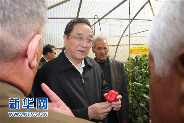 11月8日，正在約旦進(jìn)行正式友好訪問的全國政協(xié)主席俞正聲在約旦河谷參觀碩果農(nóng)業(yè)合作社。 新華社記者 劉衛(wèi)兵 攝 