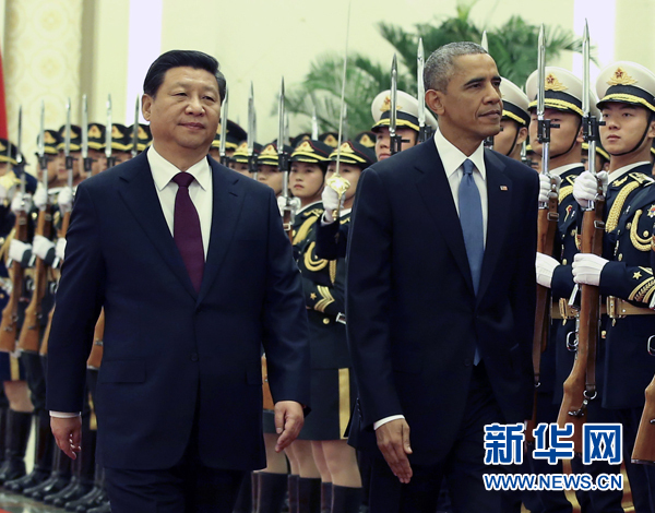 11月12日，國家主席習近平在北京人民大會堂舉行歡迎儀式，歡迎美國總統(tǒng)奧巴馬對中國進行國事訪問。 新華社記者 龐興雷 攝