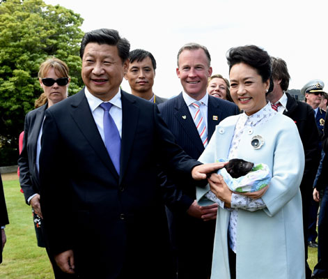 11月18日，國(guó)家主席習(xí)近平在澳大利亞塔斯馬尼亞州與朗塞斯頓市斯科奇－歐克伯恩小學(xué)的小學(xué)生共同植樹(shù)。這是習(xí)近平和夫人彭麗媛植樹(shù)后撫摸袋獾。新華社記者 饒愛(ài)民 攝