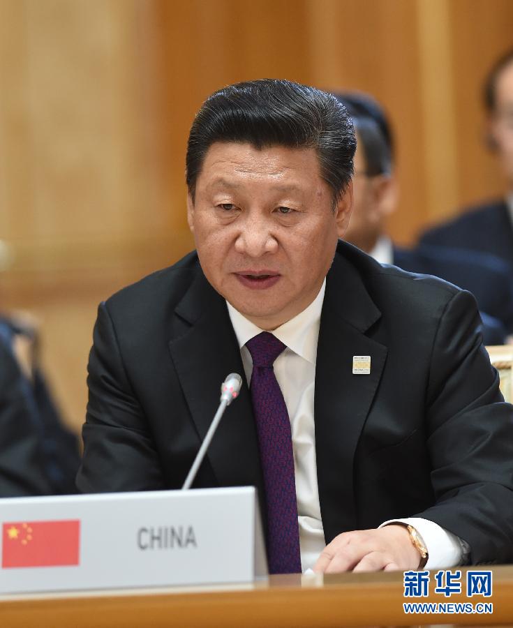 7月9日，金磚國家領(lǐng)導(dǎo)人第七次會(huì)晤在俄羅斯烏法舉行。中國國家主席習(xí)近平、俄羅斯總統(tǒng)普京、巴西總統(tǒng)羅塞夫、印度總理莫迪、南非總統(tǒng)祖馬出席。這是習(xí)近平發(fā)表題為《共建伙伴關(guān)系　共創(chuàng)美好未來》的主旨講話。新華社記者 饒愛民 攝 