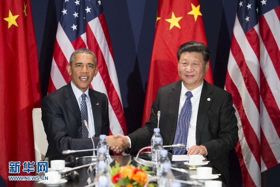 11月30日，國(guó)家主席習(xí)近平在巴黎會(huì)見(jiàn)美國(guó)總統(tǒng)奧巴馬。新華社記者黃敬文攝
