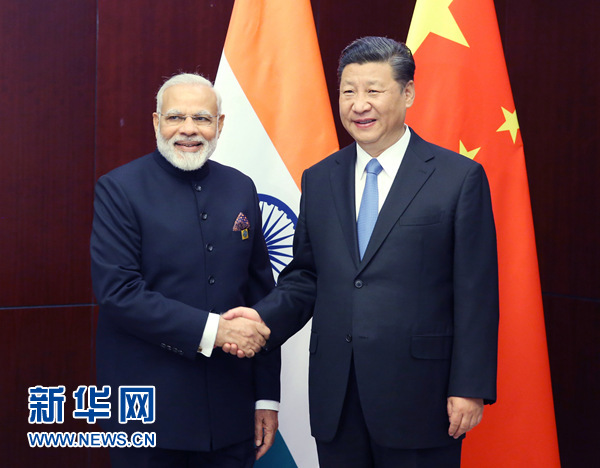 6月9日，國(guó)家主席習(xí)近平在阿斯塔納會(huì)見(jiàn)印度總理莫迪。 新華社記者姚大偉 攝